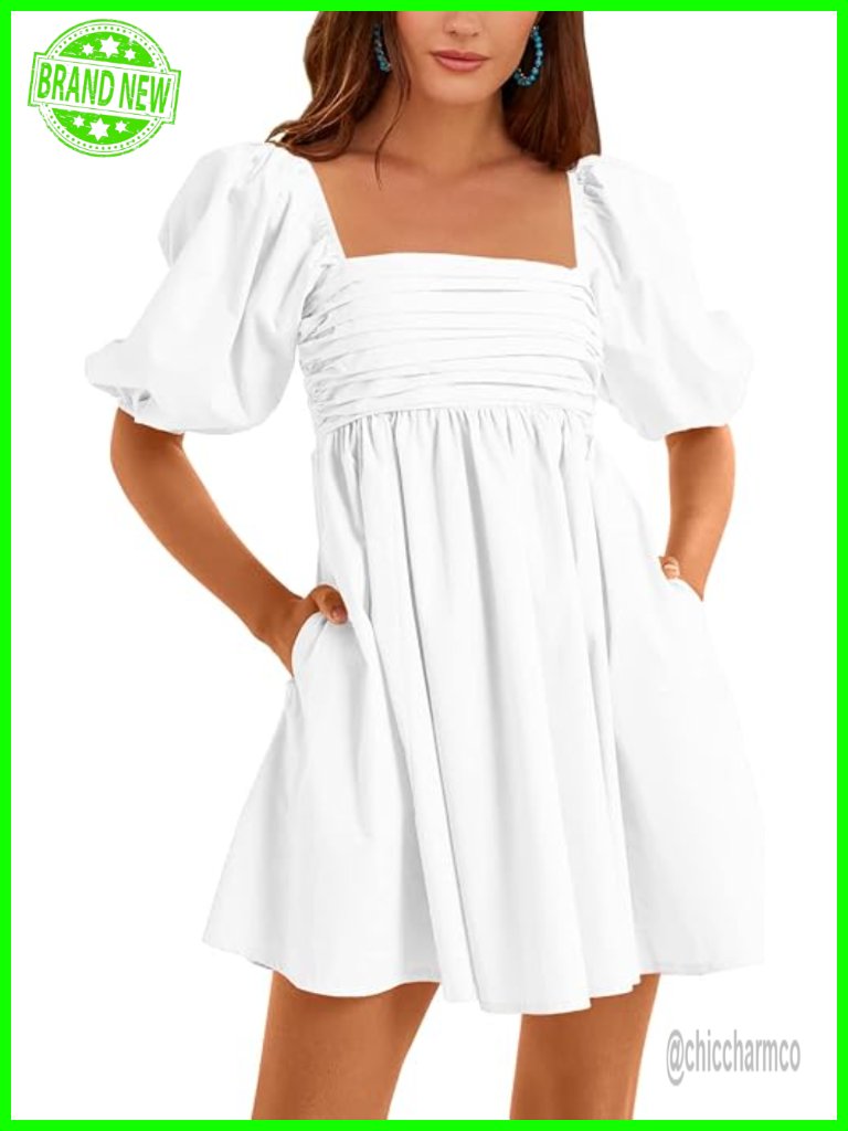 Square Neck Half Puff Sleeve A-Line Smocked Back Mini Dress